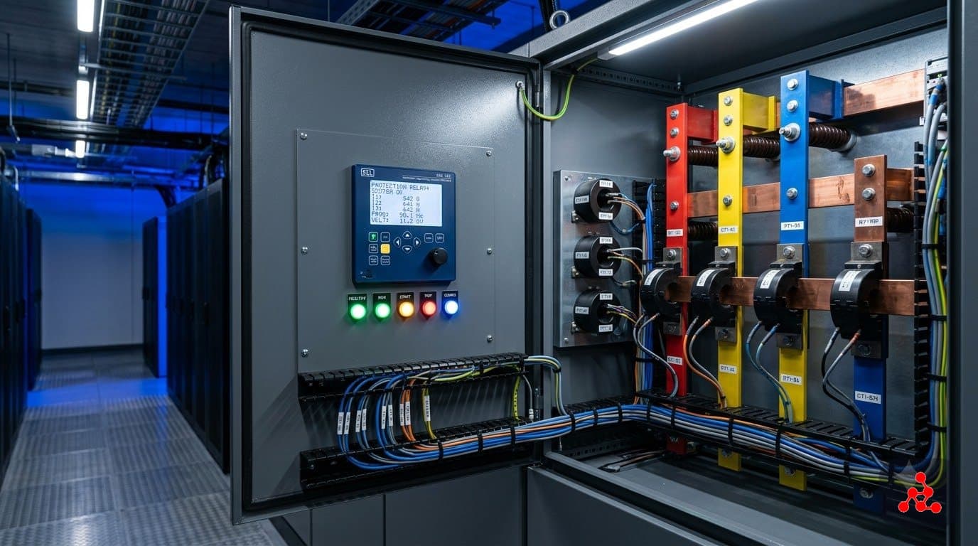 Current transformers clamped around color-coded copper busbar feeders in a data center switchgear panel