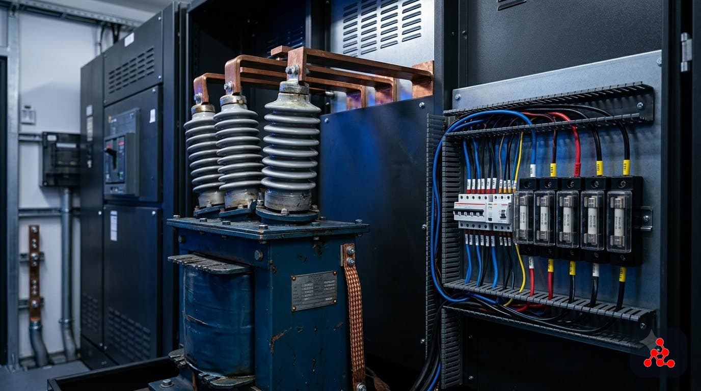 Wound potential transformer with porcelain bushings and a fused secondary terminal block in a data center medium-voltage metering compartment
