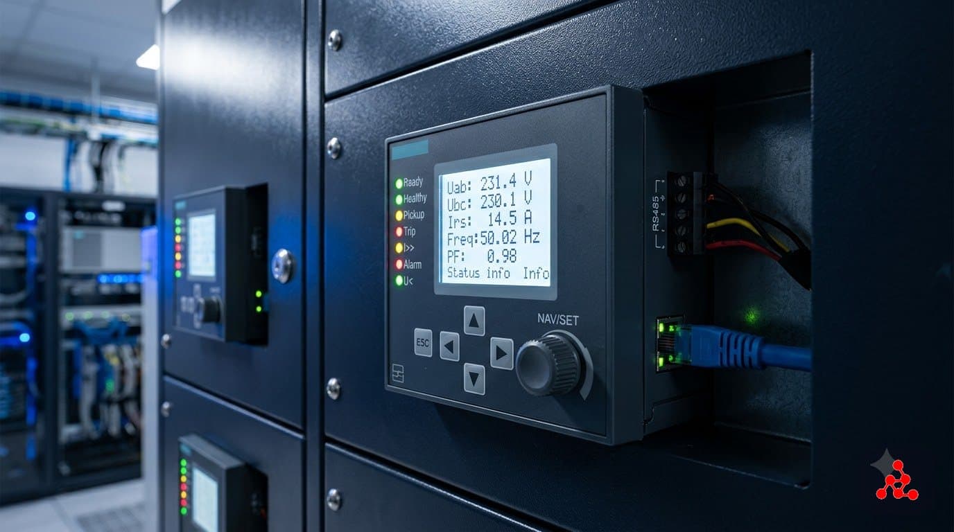Numerical protection relay faceplate with digital display and status LEDs mounted in a data center switchgear cubicle door